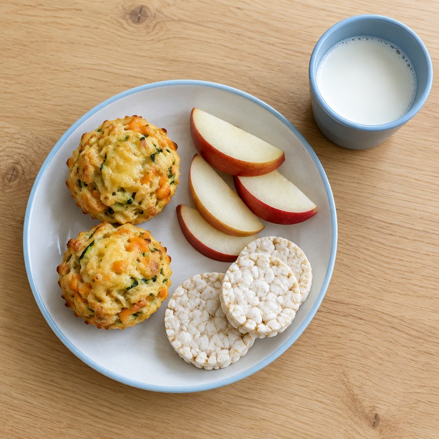 Cheese & veggie muffins, apple & crackers